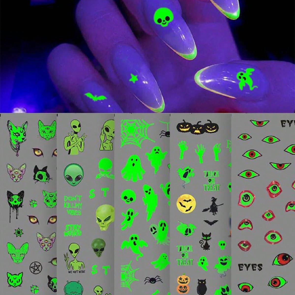 5 pièces Autocollants d'ongles autoadhésifs 3D pleine couverture, autocollants d'ongles fluorescents d'Halloween avec citrouilles, fantômes et